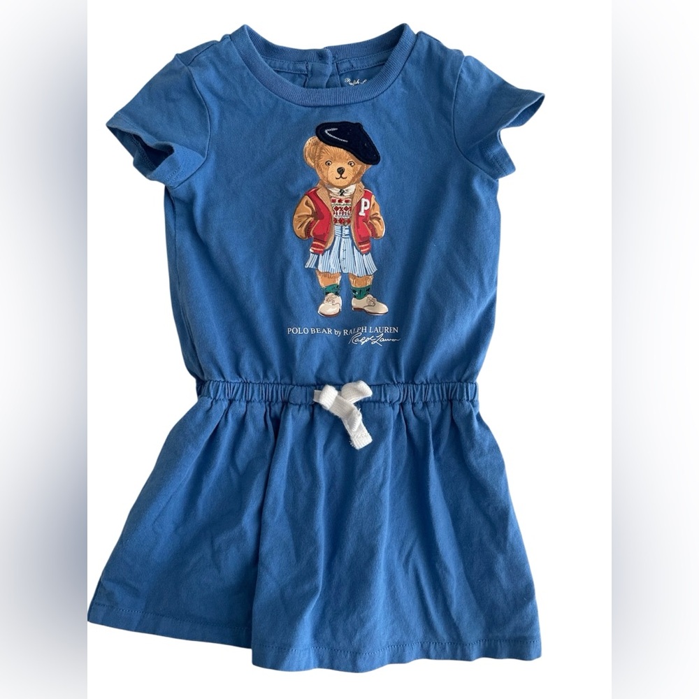 Ralph Lauren Blue Cotton Baby Dress with Teddy Bear Motif